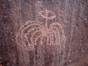 An interesting petroglyph along the San Juan River. I have adjusted the contrast a bit to make it clearer. The actual patina is much lighter. 